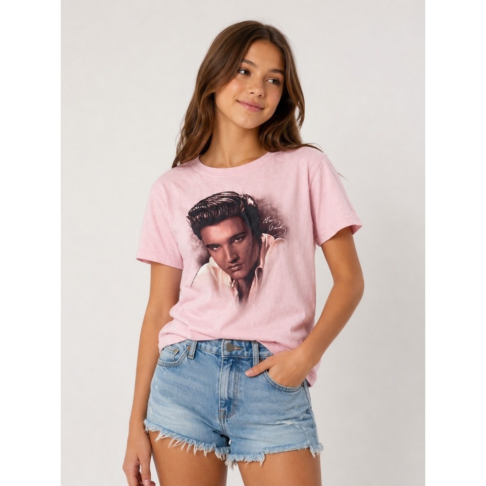 Elvis Presley Graphic T-Shirt Pink Youth Medium Rock and Roll Music Portrait Tee
